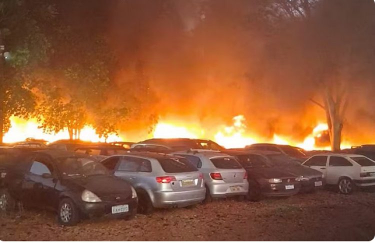 Mais um grande incendio na regiao: fogo atinge patio credenciado ao Detran em Jaboticabal